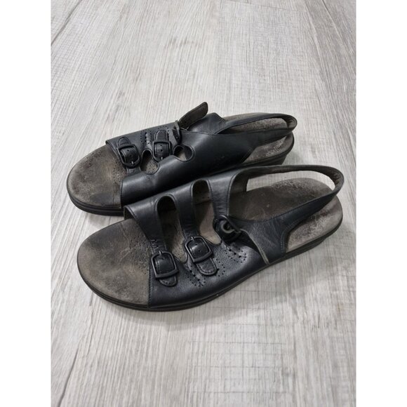 SAS Trio II Sandals Comfort 3 Strap Slingback Buckle Black Leather Womens Sz 8 - Picture 1 of 6